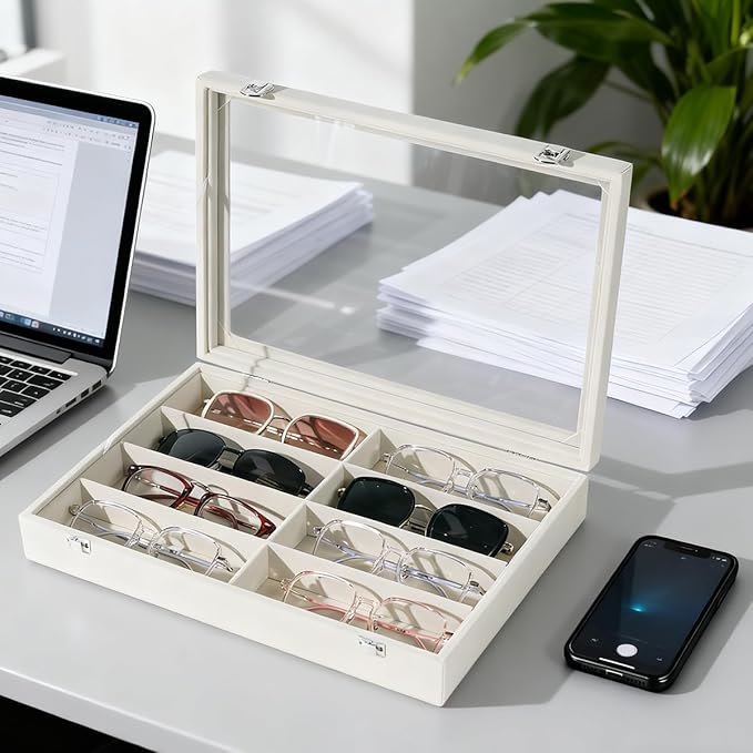 XHMQYC Glasses Holder Box Drawer Sunglass Organizer for Men Clear Wide Storage Case 8 Slots Multiple Reading Glasses Display, Beige Velvet With Clear Glass Lid