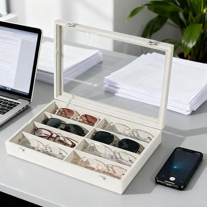 XHMQYC Glasses Holder Box Drawer Sunglass Organizer for Men Clear Wide Storage Case 8 Slots Multiple Reading Glasses Display, Beige Velvet With Clear Glass Lid