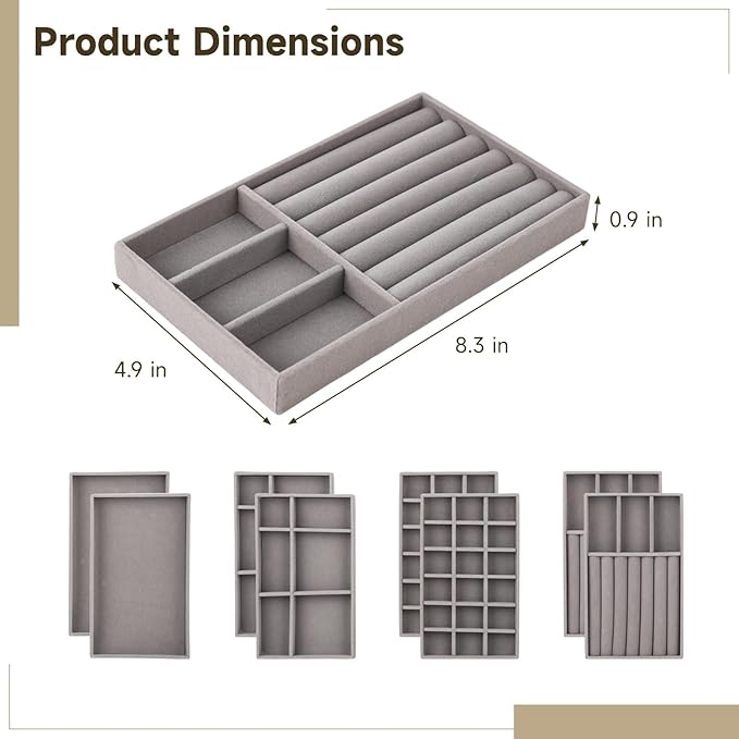 8 Pcs Jewelry Drawer Organizers, Velvet Jewelry Trays for Drawer, Stackable Jewelry Trays Ideal for Rings, Earrings, Bracelets, Necklaces, Grey (Gray)