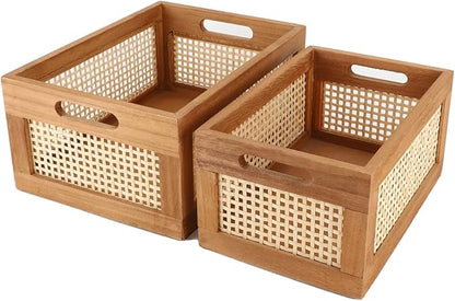 Desktop Storage Basket, Office Drawer Storage Box, Wood Frame Storage Basket with Built-In Handles for Kitchen Pantry, Cabinet, Office, Bedroom, Rustic Country Decor (Brown-Set2)