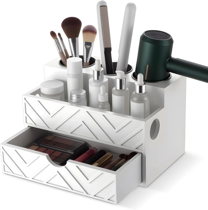 AceOrbit Hair Tool Organizer with Drawer, Hair and Makeup Bathroom Vanity Organizers and Storage Fits Blow Dryer, Curling Iron, Makeup Brushes, Skincare, Hot Tools Organizer for Tidy Counter(White)