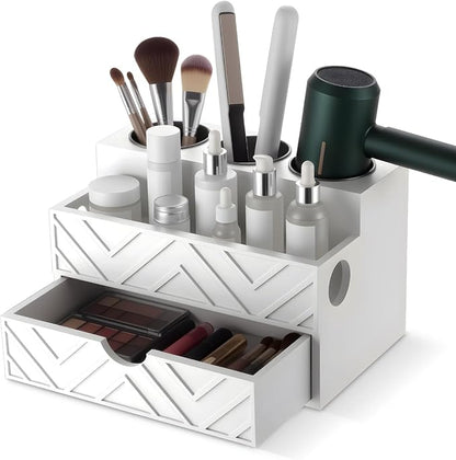 AceOrbit Hair Tool Organizer with Drawer, Hair and Makeup Bathroom Vanity Organizers and Storage Fits Blow Dryer, Curling Iron, Makeup Brushes, Skincare, Hot Tools Organizer for Tidy Counter(White)