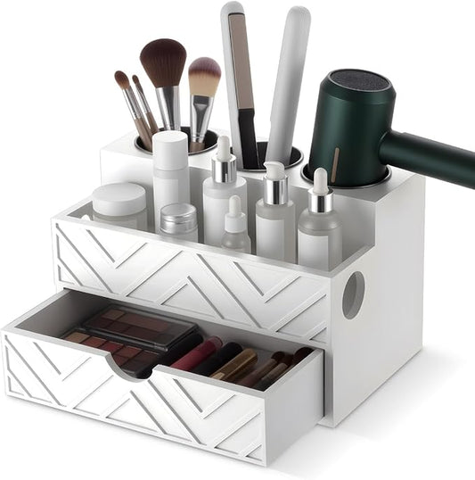 AceOrbit Hair Tool Organizer with Drawer, Hair and Makeup Bathroom Vanity Organizers and Storage Fits Blow Dryer, Curling Iron, Makeup Brushes, Skincare, Hot Tools Organizer for Tidy Counter(White)