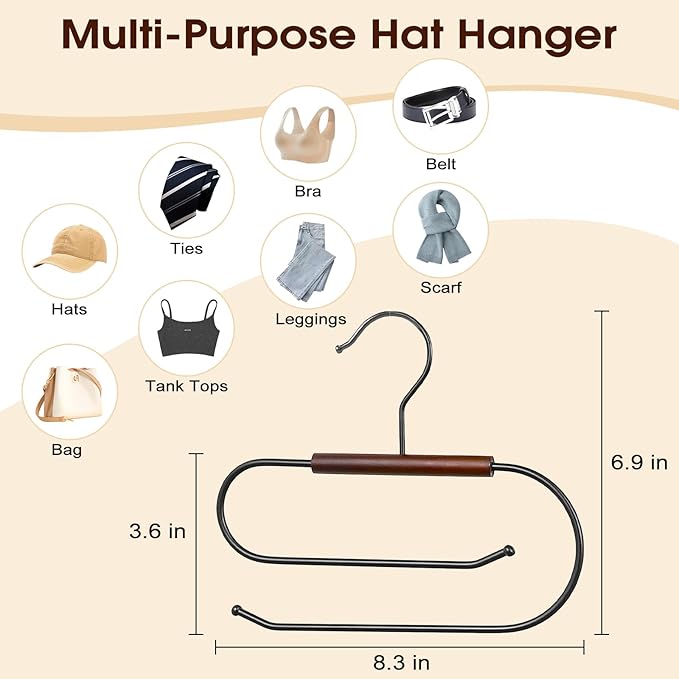 LoforHoney Hat Hangers for Closet, Hat Organizer for Baseball Caps, Wooden & Metal Hat Rack with Double-Layer Hanging, 2-Pack Racks Hold 20 Hats, Ideal for Hats Ties Bags Belts Leggings