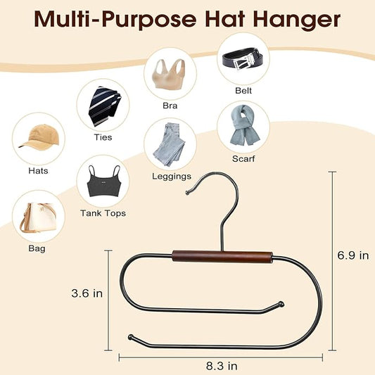 LoforHoney Hat Hangers for Closet, Hat Organizer for Baseball Caps, Wooden & Metal Hat Rack with Double-Layer Hanging, 4-Pack Racks Hold 40 Hats, Ideal for Hats Ties Bags Belts Leggings