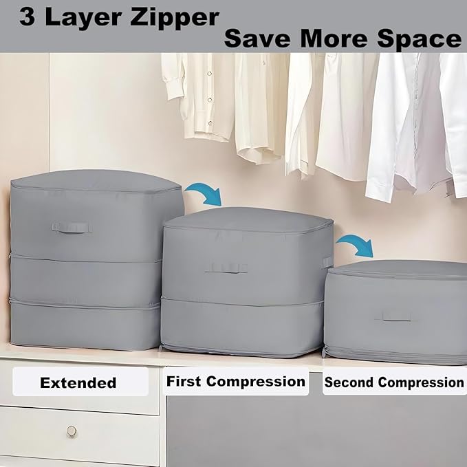 Ultra Space Saving Self Compression Organizer, 3-Layer Zipper Large Capacity Storage Bag, Thick Satin Fabric Heavy Duty Bags for Comforters Blankets Bedding Duvet (Gray, X-Large, 2PC)