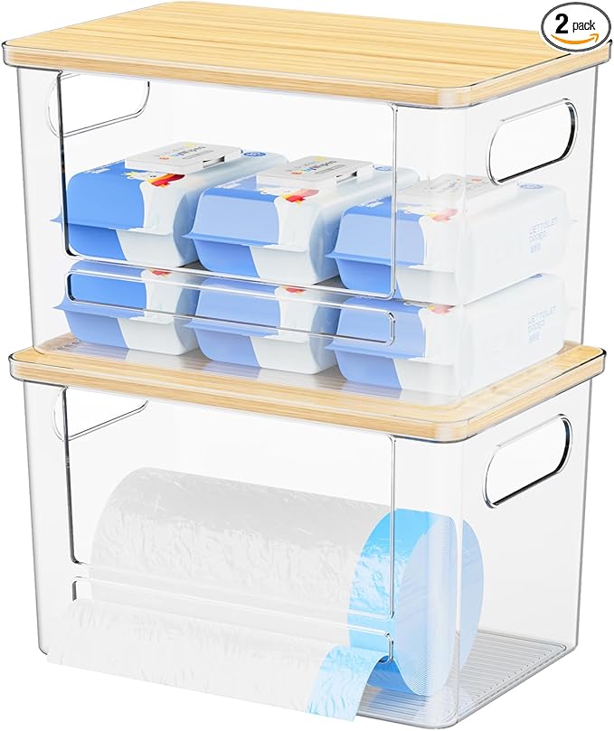 Riian Trash Bag Dispenser Holder, Stackable Garbage Bag Holder with Bamboo Lid, Acrylic Storage Container for Under Sink, Laundry Room Organization and Storage (2 Pack)