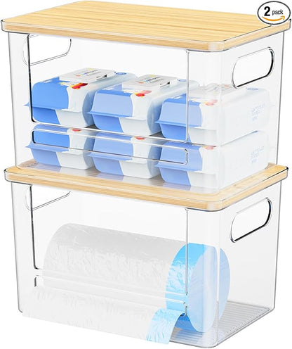 Riian Trash Bag Dispenser Holder, Stackable Garbage Bag Holder with Bamboo Lid, Acrylic Storage Container for Under Sink, Laundry Room Organization and Storage (2 Pack)