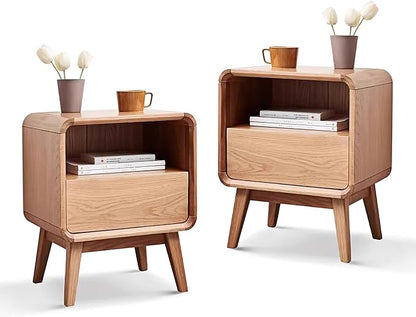 Vadisun 100% Solid Wood Nightstand Set of 2, Small Night Stand with Drawer and Open Shelf, Natural Wood Nightstand, Mid Century Modern Night Stand, Wooden Bedside Table for Bedroom(20.47" H)