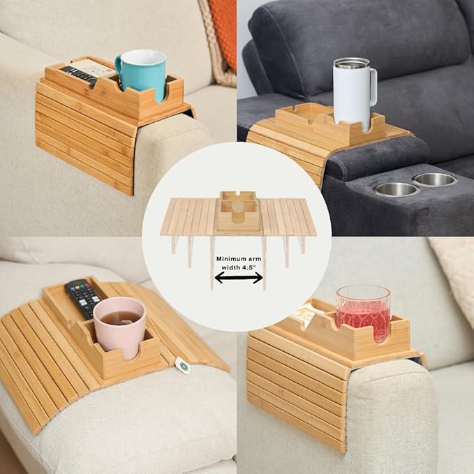 Couch Cup Holder Tray - Portable Sofa Arm Tray Table - Anti-Spill Armchair Caddy Couch Arm Table Snack Organizer with Removable Tray - Remote Control Holder Perfect for Cups, Snacks, Phone