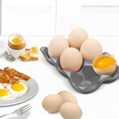 Flexzion Ceramic Egg Holder for Fridge - 6 Cups Egg Tray Half Dozen Porcelain Container Keeper Storage Organizer Decorative Serving Dish Serveware for Refrigerator Countertop Display Kitchen (Gray)