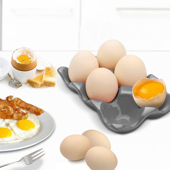 Flexzion Porcelain Egg Crate - 6-Egg Capacity Ceramic Egg Tray, Half Dozen Egg Holder for Fridge, Countertop Display - Gray Decorative Serving Dish and Storage Organizer, 2 Pack