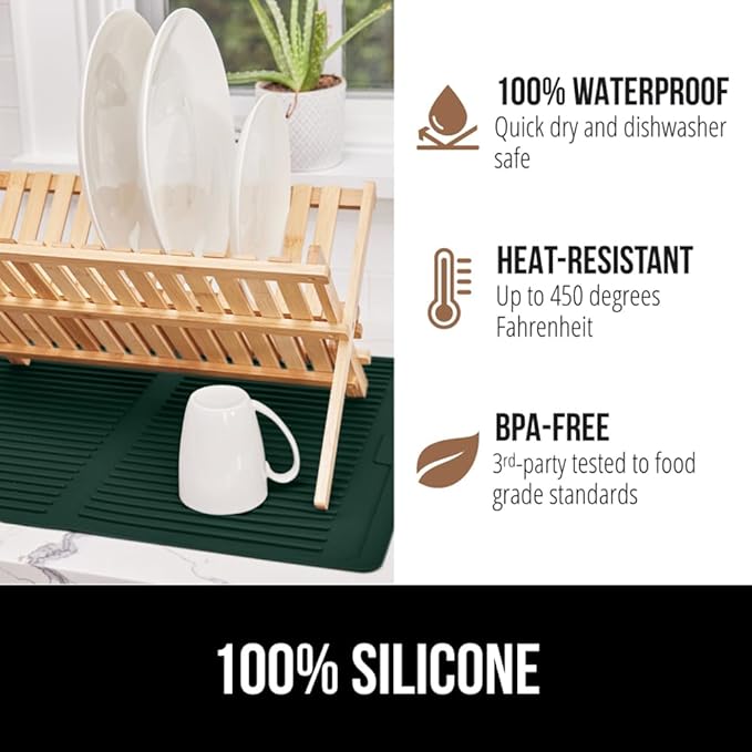 GORILLA GRIP 100% BPA-Free Silicone Dish Drying Mat for Kitchen Counter, Quick Dry, Water Catching Ribbed Design, Easy Clean Waterproof Sink Liner, Heat Resistant, Fits Under Rack, 11x13, Hunter Green