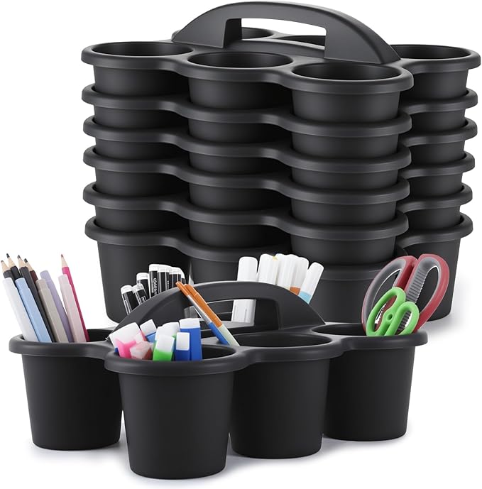6 Pack Classroom Caddy with Handle Plastic Storage Caddy Organizer with 6 Compartments Drink Cup Caddies Holder Portable Storage Bin for Pencil, Crayon, Marker, Home, Office, School Supplies(Black)