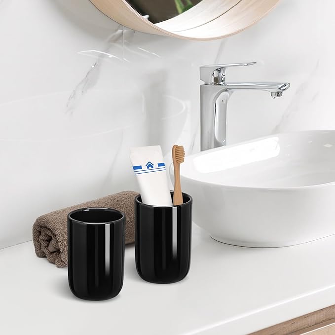 UHEY HOME Bathroom Tumbler Cup Ceramic 12.6oz Reusable Toothbrush Cup 375ml,Toothbrush Holder for Your Bathroom (Black)