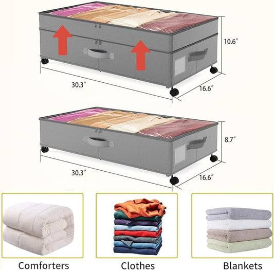SHAJOPH Under Bed Storage with Wheels Height Adjustable 2 Pack Under Bed Storage Containers with Clear Lid & Handles Rolling Under Bed Drawers for Clothes Shoes Toys Blankets Grey
