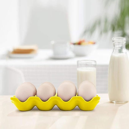 Flexzion Yellow Ceramic Egg Tray - Dozen Egg Cup Holders, Elegant Design, Microwave and Dishwasher Safe