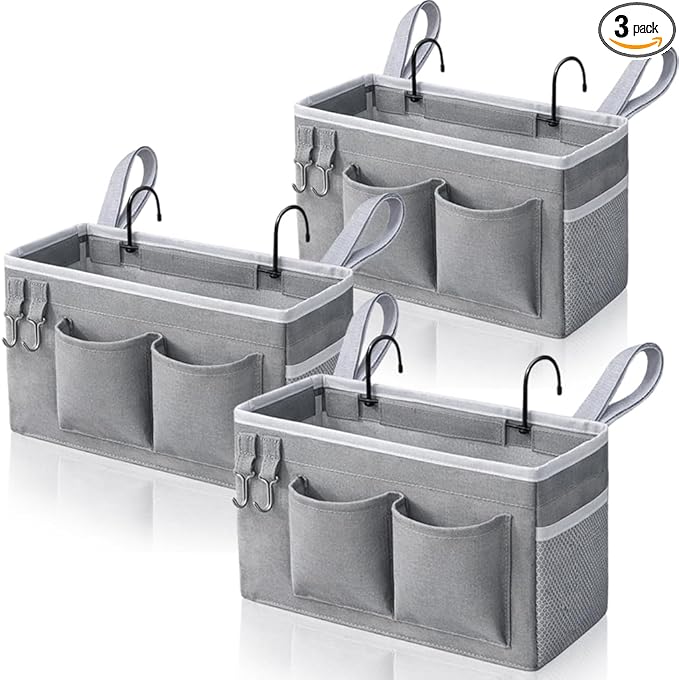 Kanrichu 3pcs Bedside Caddy Hanging Storage Bag, Water Cup Holders, Organizer Baskets with Pockets for Bunk Bed Shelf, Hospital Beds, Loft & Dorm Rooms Accessories (Bedside bag-Grey)