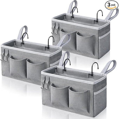 Kanrichu 3pcs Bedside Caddy Hanging Storage Bag, Water Cup Holders, Organizer Baskets with Pockets for Bunk Bed Shelf, Hospital Beds, Loft & Dorm Rooms Accessories (Bedside bag-Grey)