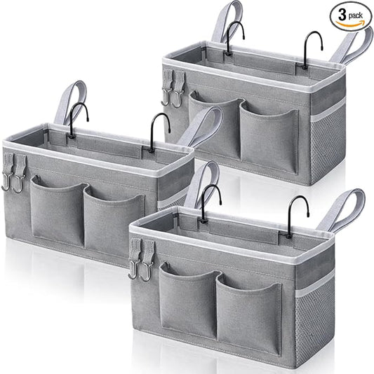 Kanrichu 3pcs Bedside Caddy Hanging Storage Bag, Water Cup Holders, Organizer Baskets with Pockets for Bunk Bed Shelf, Hospital Beds, Loft & Dorm Rooms Accessories (Bedside bag-Grey)