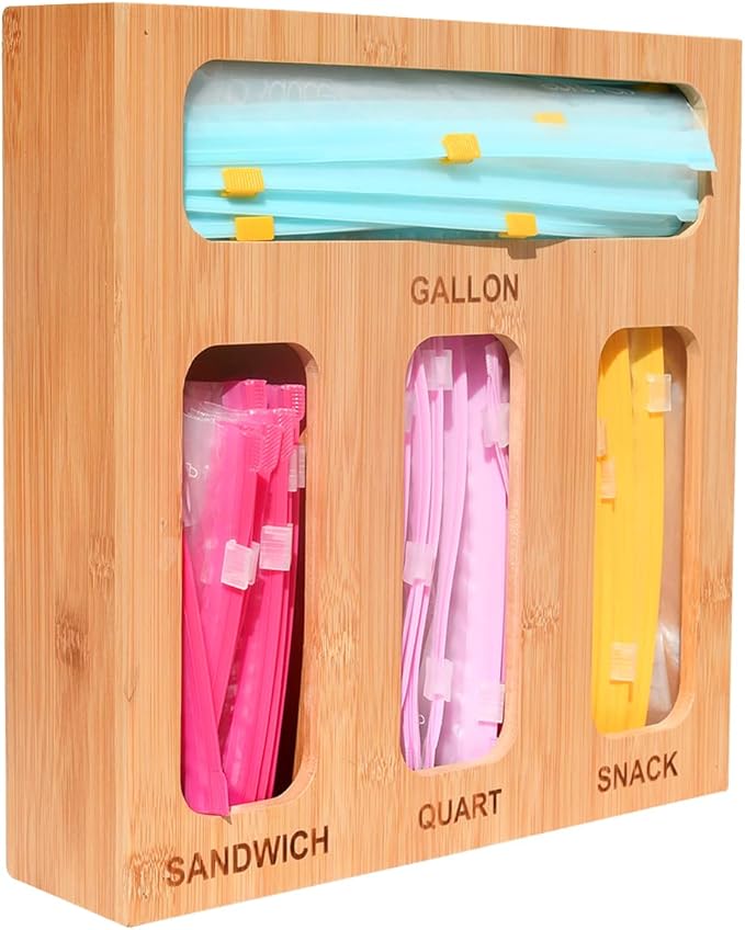 Earth’s Dreams Bamboo Kitchen Drawer Organizer – Resealable Food Storage Bag Holder for Gallon, Quart, Sandwich & Snack Sizes – Eco-Friendly Baggie Organizer for Plastic Storage Bags