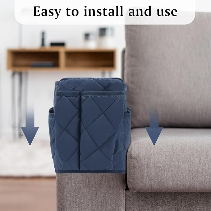 HADEEONG Remote Control Holder, Non Slip Bedside Armchair Caddy, Recliner Arm Caddy Armrest Organizer with 14 Pockets for Cell Phone TV Remote Control Magazines, Dark Blue