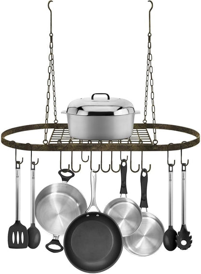 Sorbus® Pot and Pan Rack for Ceiling with Hooks — Decorative Oval Mounted Storage Rack — Multi-Purpose Organizer for Home, Restaurant, Kitchen Cookware, Utensils, Books, Household (Rustic)