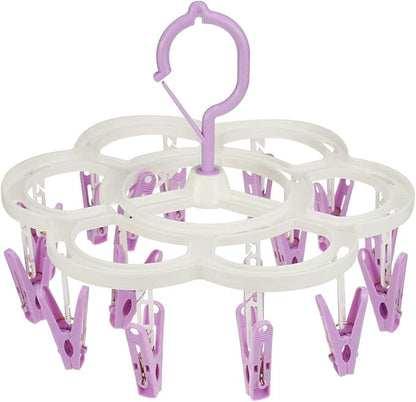 Clothespin Rack Laundry Drying Rack,Clothes Hangers with 16 Clips,Clip Hanger Drip Hanger for Drying Underwear,Baby Clothes,Socks,Bras,Towel,Pants,Hat,Scarf,Cloth Diapers,Gloves (Purple)