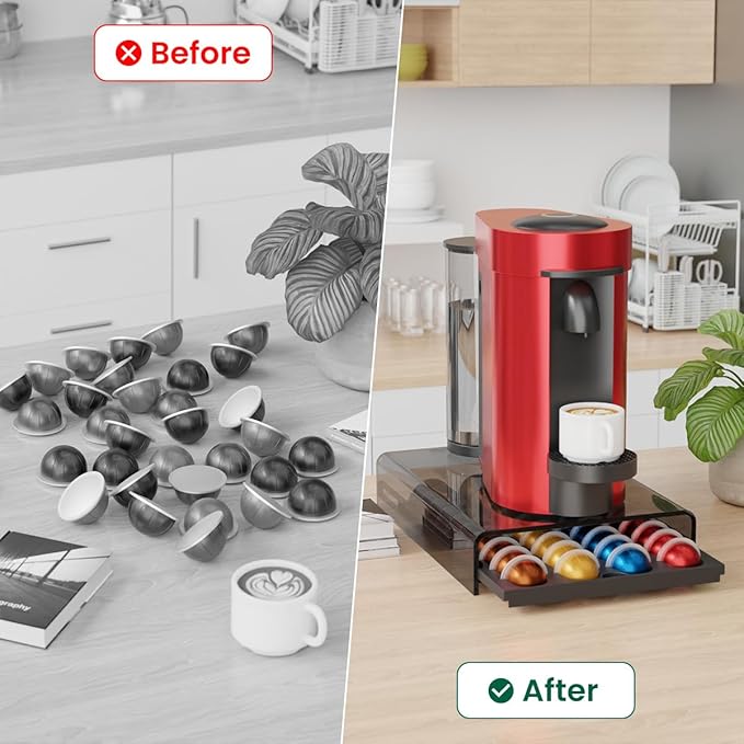 Coffee Pods Storage for Nespresso Vertuo Capsules Organizer, with Arcylic Top & Plastic Drawer, Holds 40 Pods