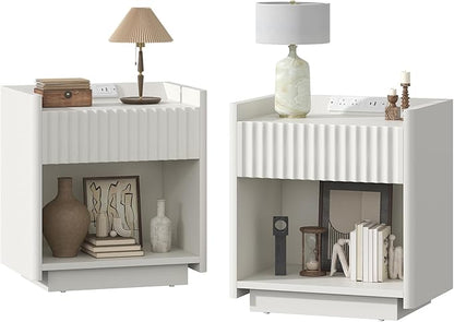 Bigbiglife Fluted Nightstand Set of 2 with Charging Station, 22" Modern Side Table with Drawer End Table with Open Storage, Bedside Table for Bedroom, Living Room, Natural Oak (2, Off White)