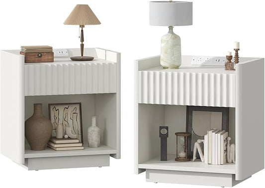 Bigbiglife Fluted Nightstand Set of 2 with Charging Station, 22" Modern Side Table with Drawer End Table with Open Storage, Bedside Table for Bedroom, Living Room, Natural Oak (2, Off White)