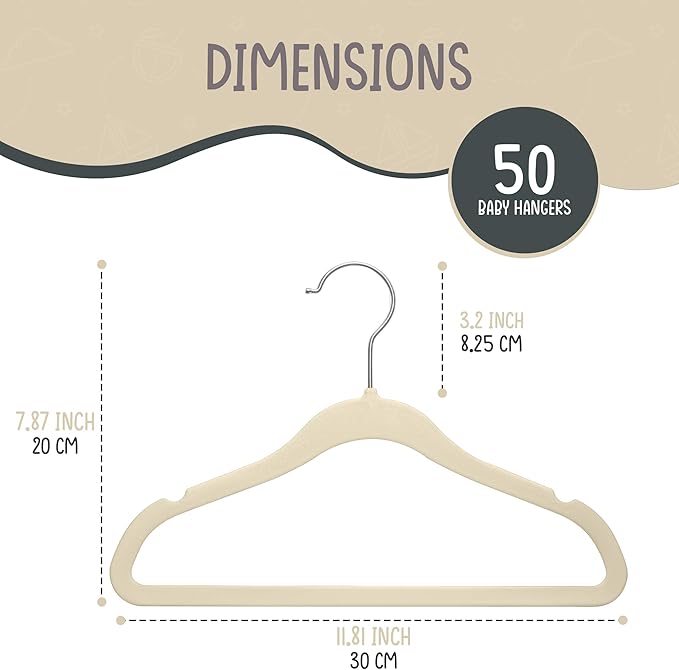 TechZoo 50 Premium Baby Velvet Hangers - 11.8" Non-Slip, Ultra-Slim Space-Saving Children Closet Hangers - 360° Swivel Hook, Strong & Durable Infant & Toddler Clothes Hangers for Wardrobe - Ivory