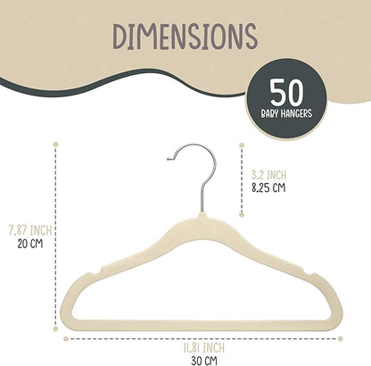 TechZoo 50 Premium Baby Velvet Hangers - 11.8" Non-Slip, Ultra-Slim Space-Saving Children Closet Hangers - 360° Swivel Hook, Strong & Durable Infant & Toddler Clothes Hangers for Wardrobe - Ivory
