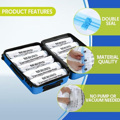 12 Pack Compression Bags for Travel, Roll Up Reusable Travel Space Saver Vacuum Storage Bags for Luggage, Camping, and Storage (No Vacuum or Pump Needed).