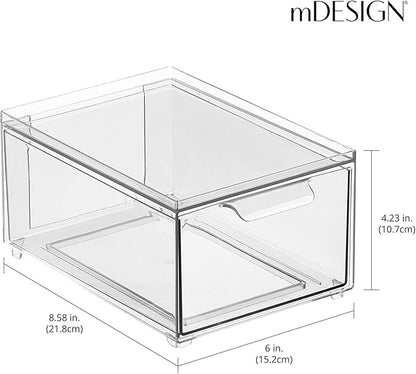 mDesign Stackable Storage Containers Box with Pull-Out Drawer - Stacking Plastic Drawers Bins for Kitchen Pantry and Cupboard, Cabinet, Counter, Island and Tables - Lumiere Collection - 2 Pack - Clear
