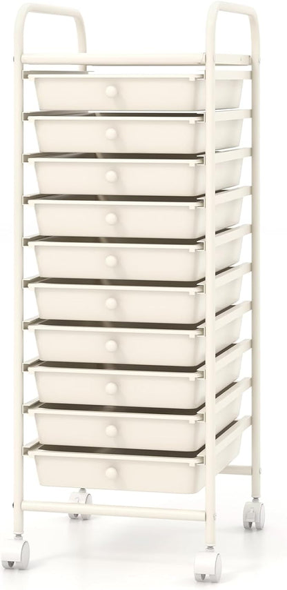 Giantex 10-Drawer Storage Cart w/Universal Wheel, Rolling Cart w/Handle, Home Organizer Storage Unit w/Removable Drawers, Trolley Utility Cart for Kitchen Makeup Living Room Office Play Room, Ivory
