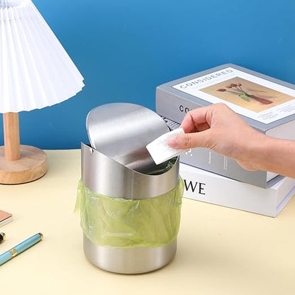 MAQUITA 2 Pcs Desk Trash Can with Swing Lids, 2L Brushed Stainless Steel Countertop Garbage Bin Small Wastebasket with Lid for Office Desk, Coffee Table