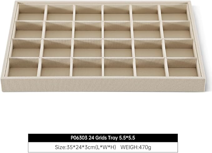 Dansmiy Linen 24 Grid Stackable Rings Earrings Display Tray, Brooch Ear Stud Cufflinks StorageTray, Jeweler Shop Counter Showcase Table Top Organizers, Makeup Table Drawer Insert Jewelry Tray
