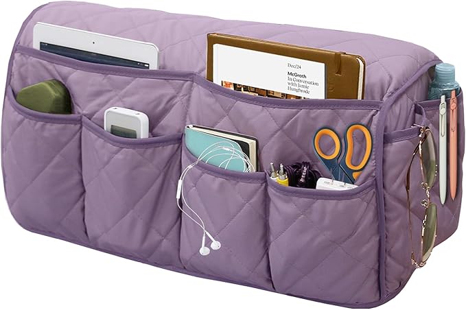 Gloserin Armchair Caddy, Sofa Armrest Organizer, Non Slip Recliner Organizer, Remote Control Holder for Recliners, Recliner Arm Caddy with 14 Pockets Storage for TV Remote, Phone, Magazine (Purple)