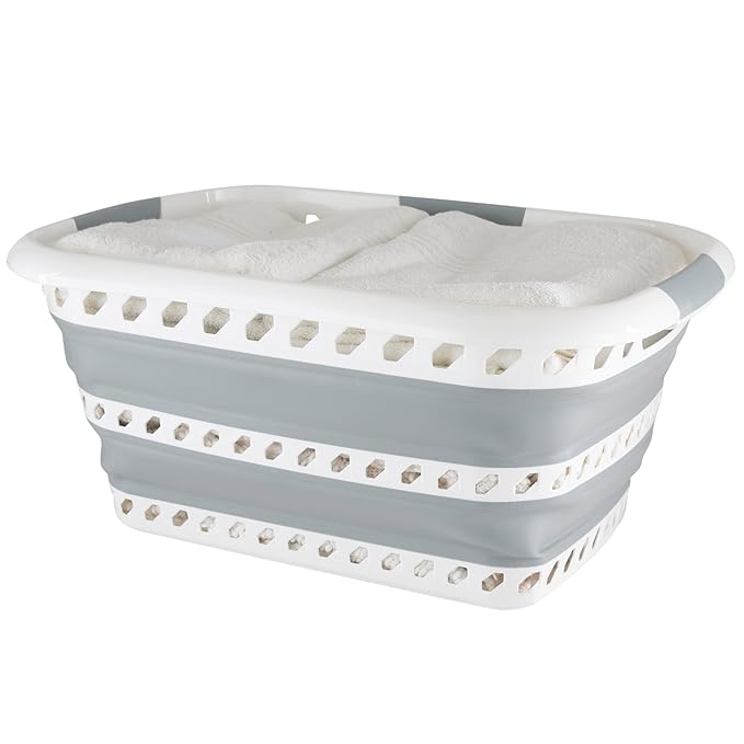 Collapsible Laundry Basket | Portable | Space Saver Storage | Hold 2 Loads | Store Under the Bed or Closet | Good for Kids | Dorm | Bedroom | Large | White/Grey