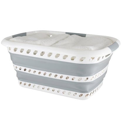 Collapsible Laundry Basket | Portable | Space Saver Storage | Hold 2 Loads | Store Under the Bed or Closet | Good for Kids | Dorm | Bedroom | Large | White/Grey