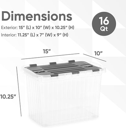 Superio 6-Pack Clear Storage Bins with Lids (15"x10"x10.25") - Stackable Plastic Containers, BPA-Free, Odor-Free, Home/Office/Dorm Organizers, 17 Quart
