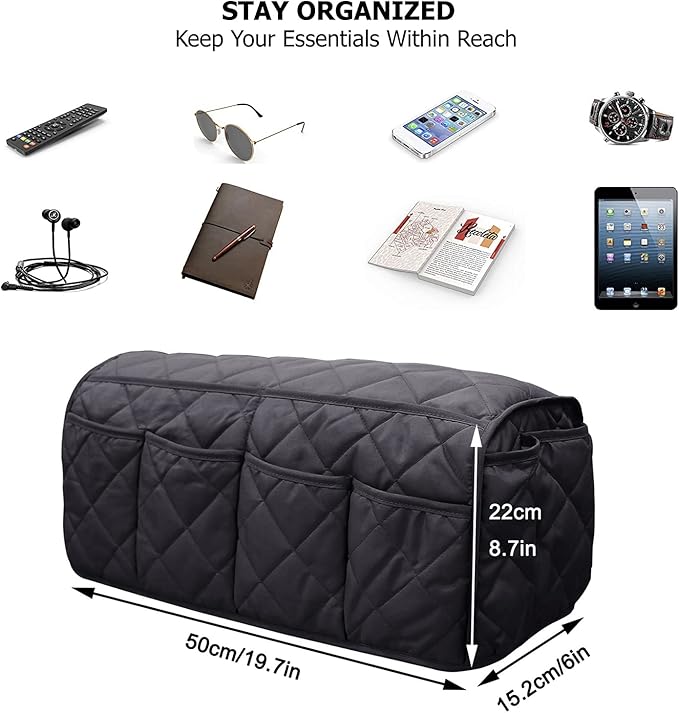 Benuomi Sofa Armrest Organizer Waterproof Armchair Caddy Remote Control Holder for Recliner Non Slip Recliner Organizer Chair Arm Organizer with 14 Pockets for TV Remotes Caddy, Book, Magazines, Ipad
