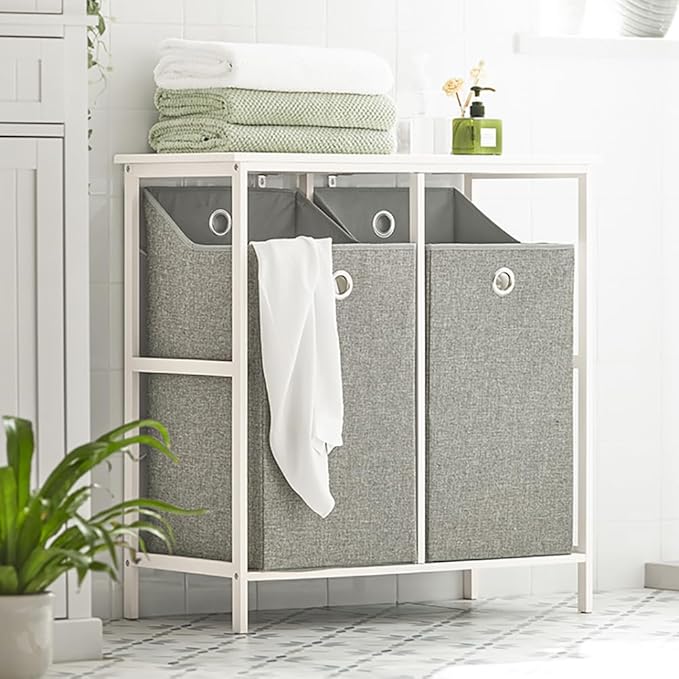 Haotian Laundry Hamper with Shelf, Laundry Basket, Laundry Sorter with 2 Pull-Out and Removable Bags for Laundry Room Bathroom Storing Rack Simple Design, BZR57-W