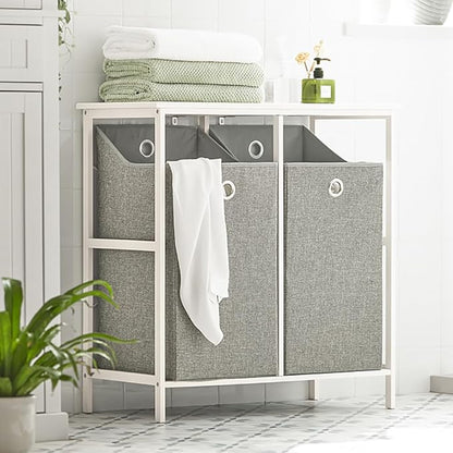Haotian Laundry Hamper with Shelf, Laundry Basket, Laundry Sorter with 2 Pull-Out and Removable Bags for Laundry Room Bathroom Storing Rack Simple Design, BZR57-W