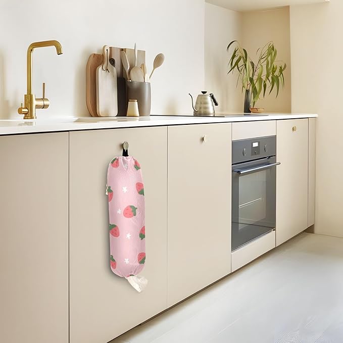 1 PC Plastic Bag Holder Wall Mount Grocery Bag Holder Shopping Bag Trash Bag Storage Organizer Dispenser for Kitchen Closet 22 x 9 Inch Strawberry Pink