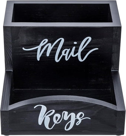 MyGift Urban Modern Mail Holder and Key Organizer Tray in Black Stained Solid Wood Finish, Entryway Storage Catchall with Cursive Mail and Keys Word Design, Office Desktop Organizing Bin