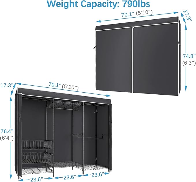 VIPEK V10C Portable Closets Heavy Duty Clothes Rack with Slid Basket, Covered Wardrobe Closet, Black Clothing Rack with Black Fabric Cover, Adjustable Closet Storage Rack 70.1" Lx17.3 Wx76.4 H