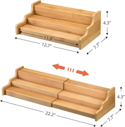 2 Pack Spice Rack Organizer for Cabinet - 3 Tier Bamboo Expandable Display Shelf for Seasoning Storage in Kitchen Pantry