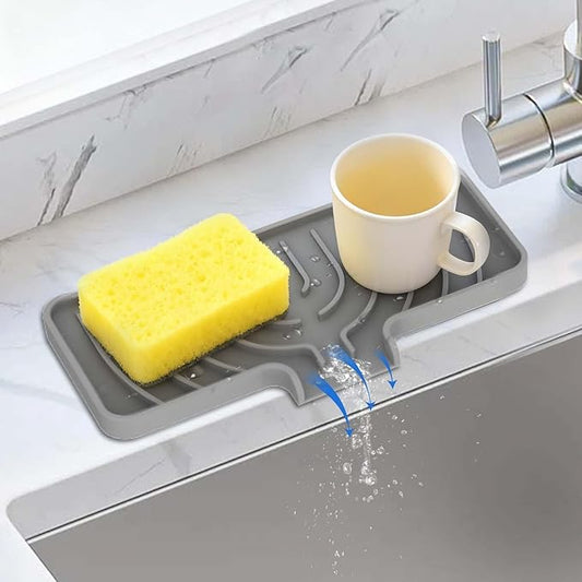 Silicone Sponge Holder for Kitchen Sink With Drain Spout, Self Draining, Kitchen Soap Tray, Bathroom Organizer, Sink Caddy, Perfect for Dispenser, Scrubber, Bottle, Cup on Counter-10"×4" (Grey)